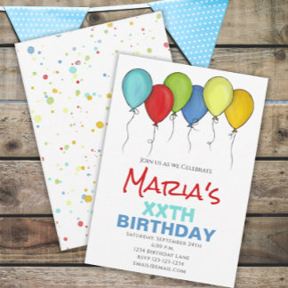 Birthday Balloons Confetti Modern Party Cute Fun Invitation