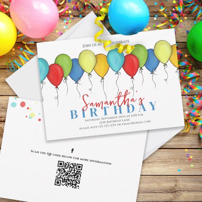 Birthday Balloons Confetti QR Code Social Media Invitation (Creator Uploaded)