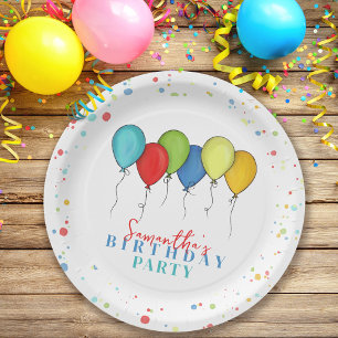 Birthday Balloons Confetti Whimsical Calligraphy Paper Plate