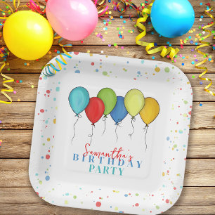 Birthday Balloons Confetti Whimsical Calligraphy Paper Plate