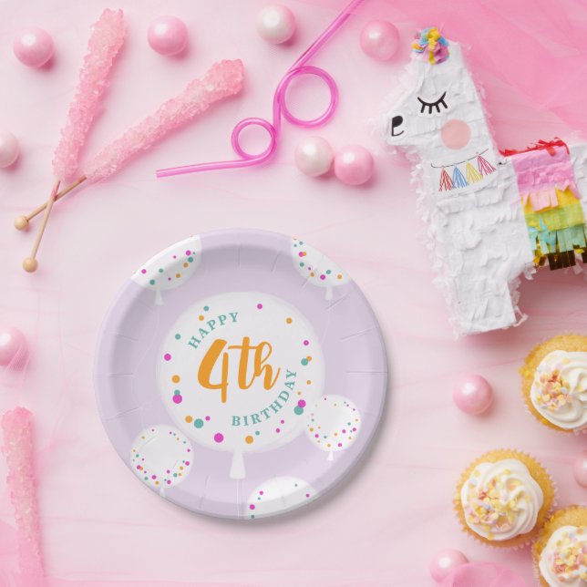 Birthday balloons customizable paper plates lilac (Party)