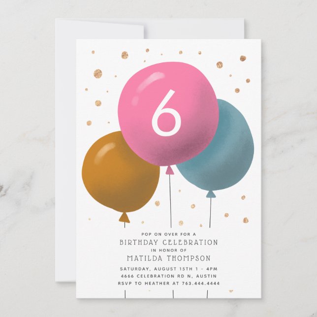 Birthday Balloons Kids Party Gold Confetti Invitation (Front)