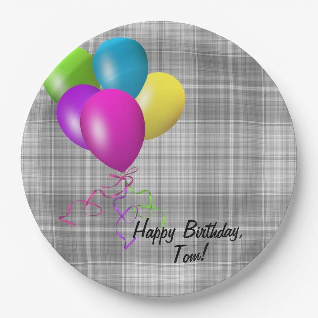 birthday balloons on grey plaid paper plate (Front)