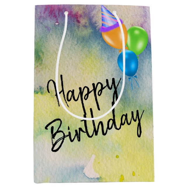 Birthday Balloons on Watercolor Medium Gift Bag (Front)