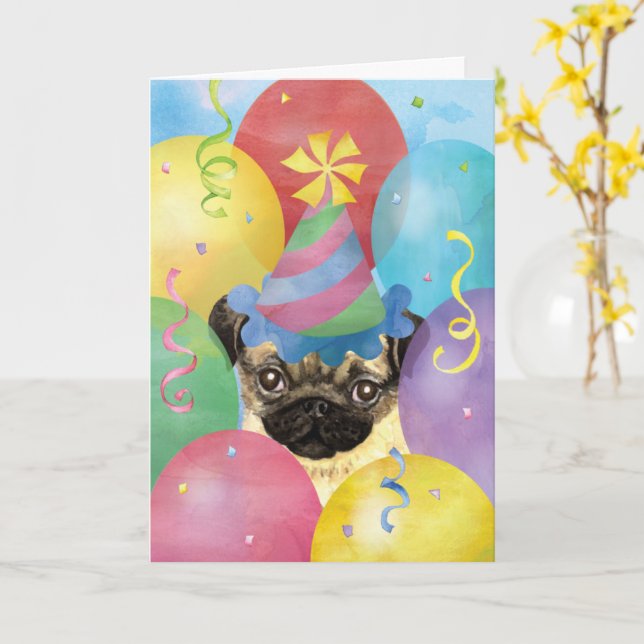 Birthday Balloons Pug Card (Yellow Flower)