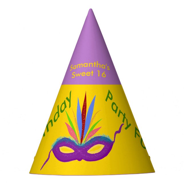 Birthday Balloons Purple Mardi Gras Mask NAME Party Hat (Front)