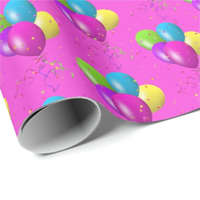 Birthday Balloons with confetti on pink Wrapping Paper (Roll Corner)