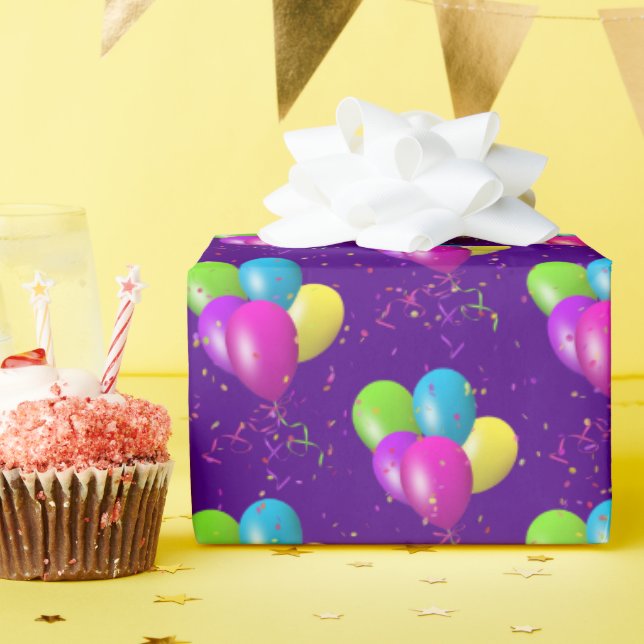 Birthday Balloons with confetti on purple Wrapping Paper (Birthday Party)