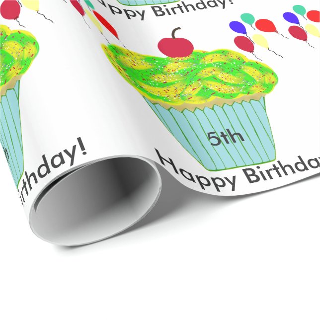 Birthday Balloons Yellow Green Cupcake Wrapping Paper (Roll Corner)