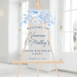 Birthday Banner 100th Birthday Party Blue Floral Acrylic Sign