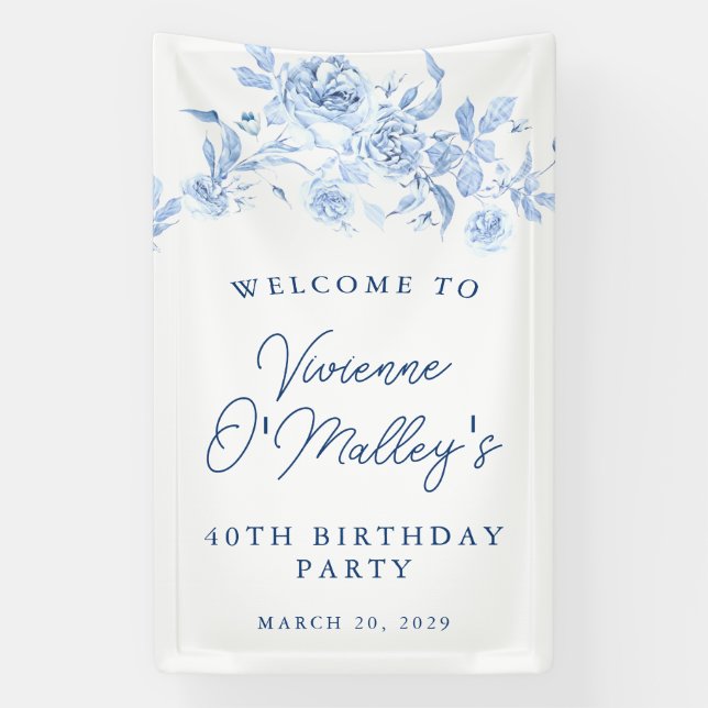 Birthday Banner 40th Birthday Party Blue Floral (Vertical)