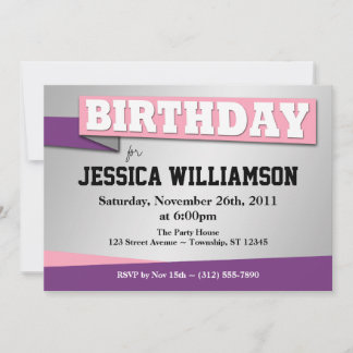 Birthday Banner Pink & Purple Party Invitations