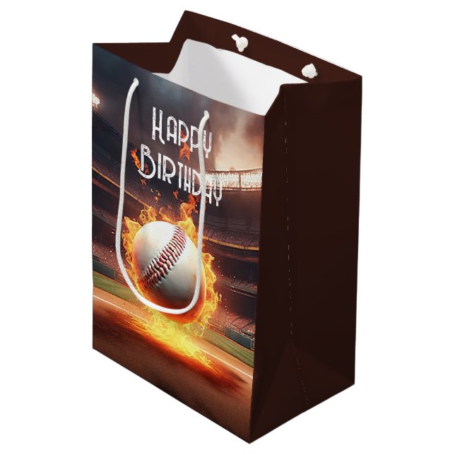Birthday Baseball On Fire Medium Gift Bag (Front Angled)