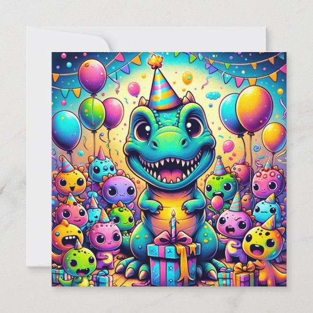 Birthday Bash T-Rex & Friends Birthday Celebration Card (Front)