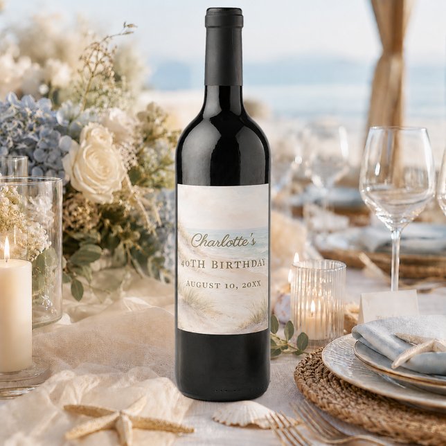 Birthday beach coastal elegant wine label (Creator Uploaded)