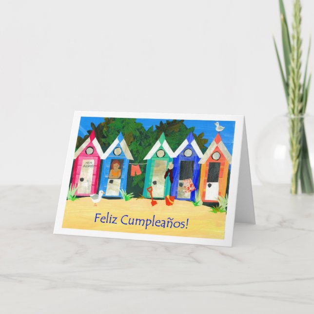 Birthday Beach Huts Card - Spanish Greeting (Front)