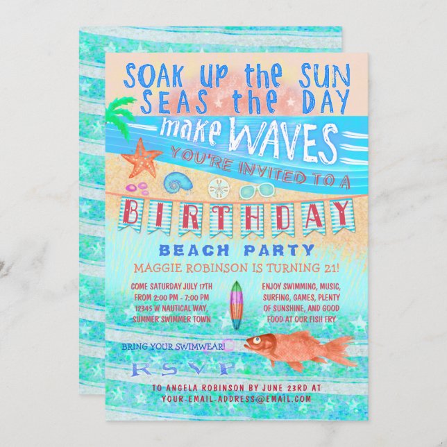 Birthday Beach or Pool Party Summer Fish Surf Swim Invitation (Front/Back)