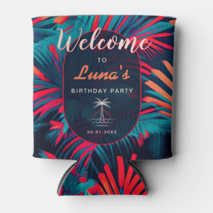 Birthday Beach party Palm tree leaves sunset Can Cooler