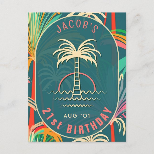 Birthday Beach tropical palm Tree beach sunset Postcard (Front)