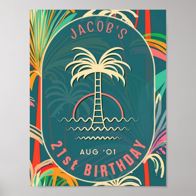 Birthday Beach tropical palm Tree beach sunset Poster (Front)