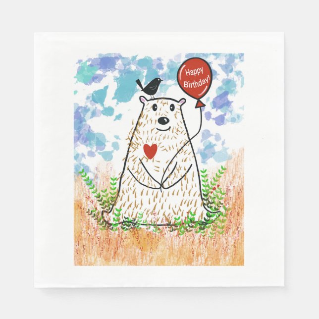 Birthday Bear and Black Bird Napkin (Front)