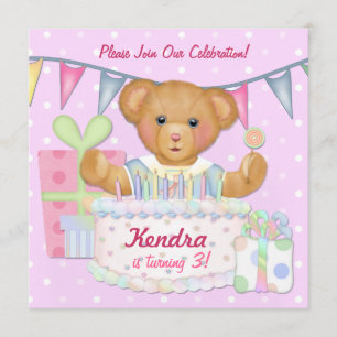 Birthday Bear Girl - Third Birthday Invitation