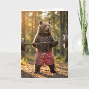 Birthday Bear Lifting Weights In a Sunny Forest Card