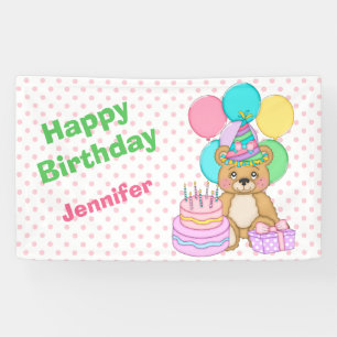 Birthday Bear Pink Polkadot Party Banner