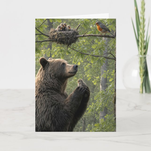 Birthday Bear Rescuing a Baby Robin Card (Front)