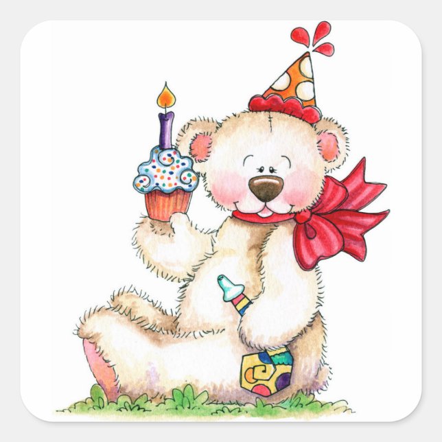 Birthday Bear Square Sticker (Front)