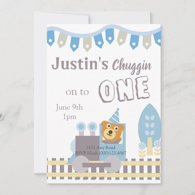 Birthday Bear, Train Invite, 1st Birthday Holiday Card (Front)