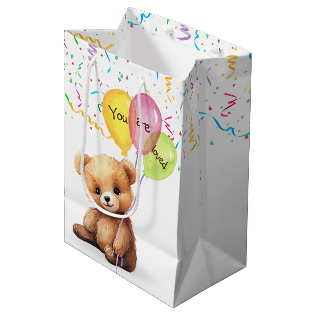 Birthday Bear With Balloons and Confetti Medium Gift Bag (Front Angled)