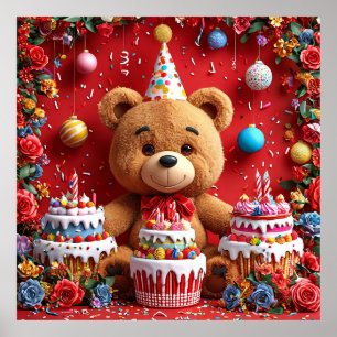 Birthday Bear With Cake And Balloons For Kids Poster