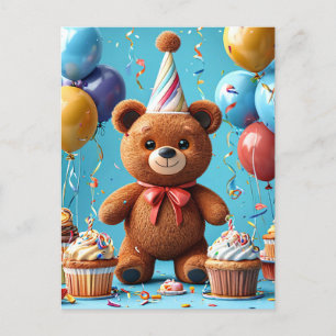 Birthday bear with cake and balloons postcard