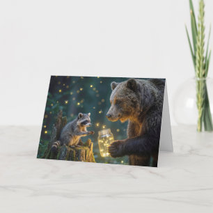 Birthday Bear with Racoon and Fireflies Card