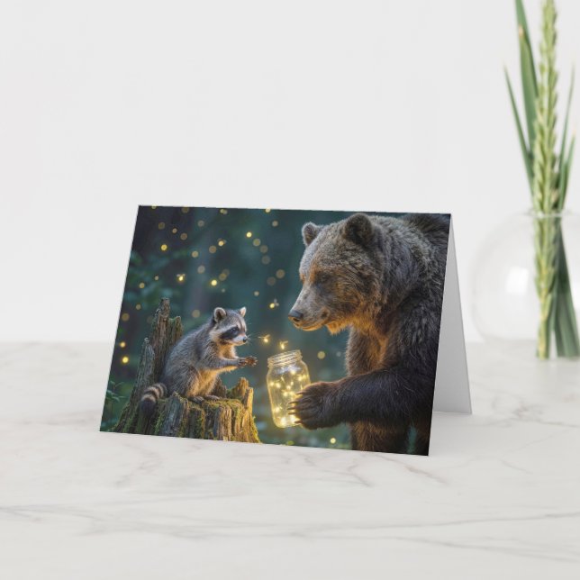 Birthday Bear with Racoon and Fireflies Card (Front)