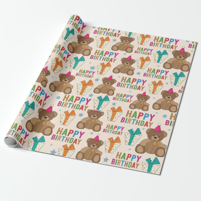 Birthday Bears Wrapping Paper (Unrolled)