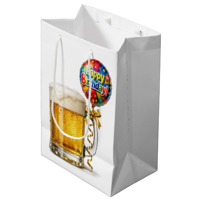 Birthday Beer Mug With Party Balloon Medium Gift Bag (Front Angled)