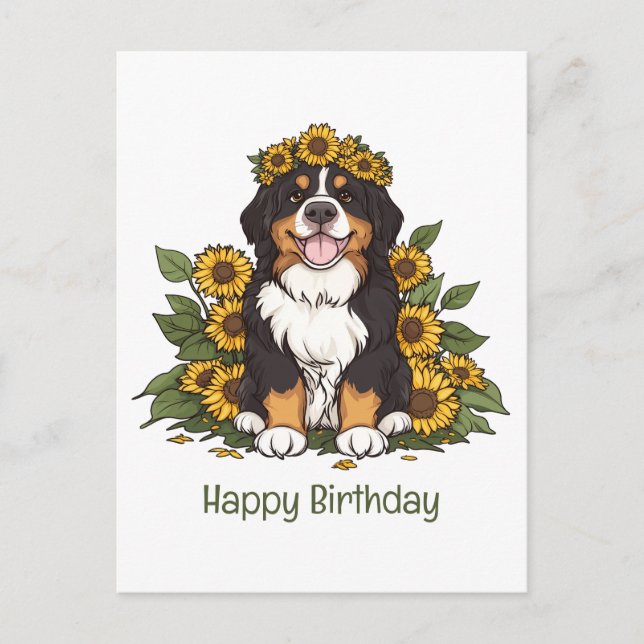 Birthday Bernese Mountain Dog Sunflower Crown Postcard (Front)