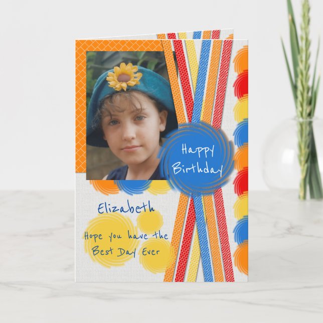 Birthday best day ever with photo and name orange card (Front)