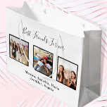 Birthday best friends photo names white elegant large gift bag<br><div class="desc">A gift for your best friends birthday. Black text: Best Friends Forever,  written with a trendy hand lettered style script. Personalise and use 3 of your own photos, and add your name(s). A black frame around the pictures.  A chic modern white background.</div>