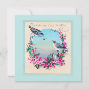 Birthday Birds and Flowers Vintage Greeting Card
