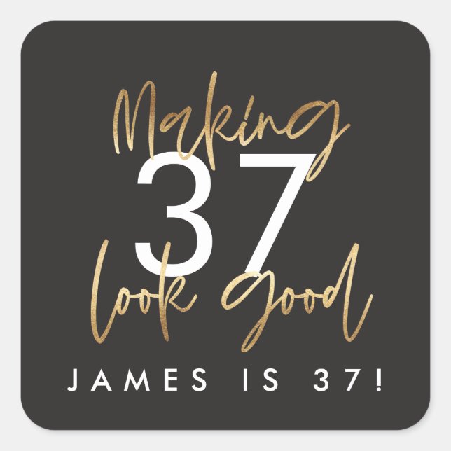 Birthday black and gold simple elegant modern square sticker (Front)