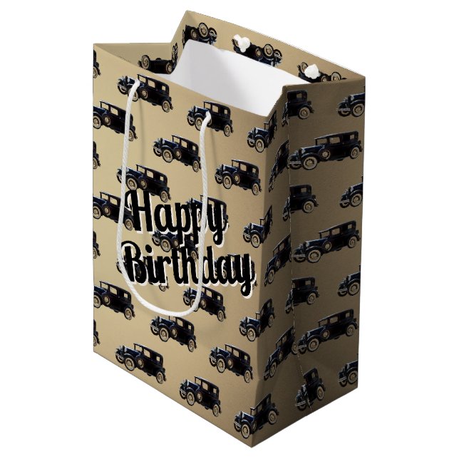 Birthday Black Antique Car Medium Gift Bag (Front Angled)