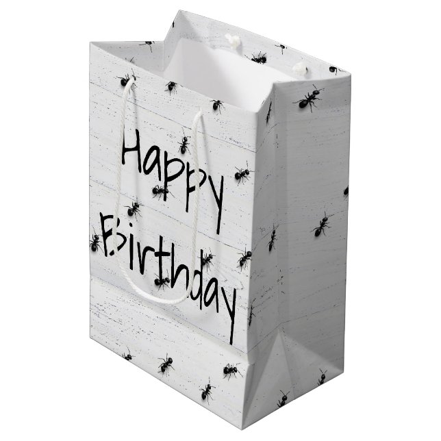 Birthday Black Ants on Whitewashed Wood Medium Gift Bag (Front Angled)