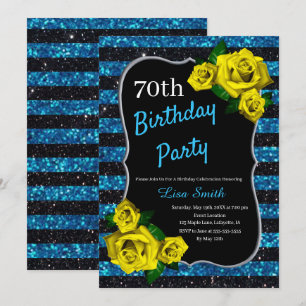 Birthday Black Blue Stripes Glitter Yellow Roses Invitation
