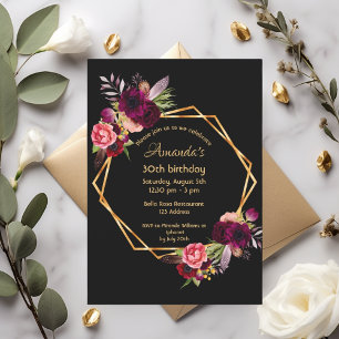 Birthday black burgundy floral gold geometric invitation