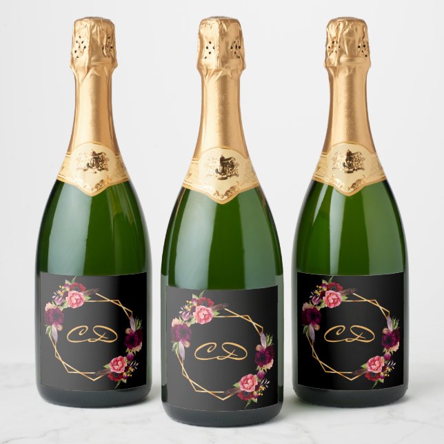 Birthday black burgundy floral monogram initials sparkling wine label (Bottles)