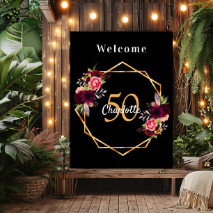 Birthday black burgundy florals geometric welcome poster