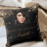 Birthday black custom photo gold glitter monogram cushion<br><div class="desc">A gift for a girly and glamourous 21st (or any age) birthday. A stylish black background with faux gold glitter dust. Personalise and add your own high quality photo of the birthday girl. The text: The name is written with a modern hand lettered style script with swashes.To keep the swashes...</div>